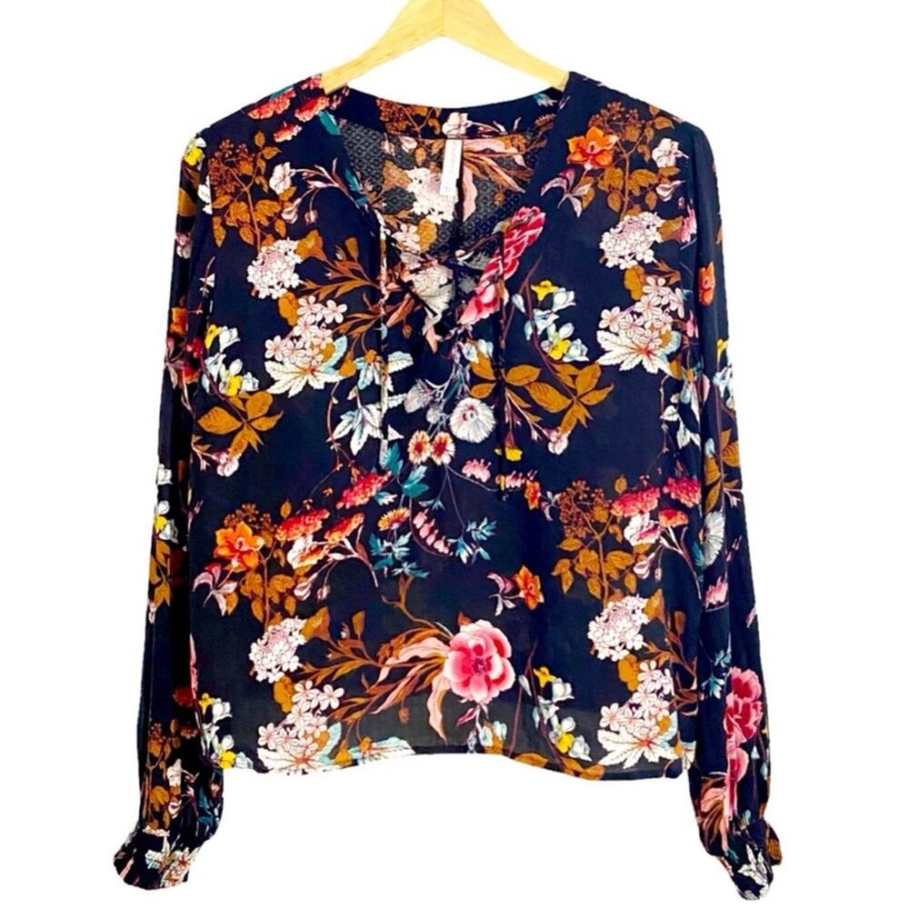 Xhilaration Black Multicolor Floral Print Crisscross Tie Front Blouse, Large